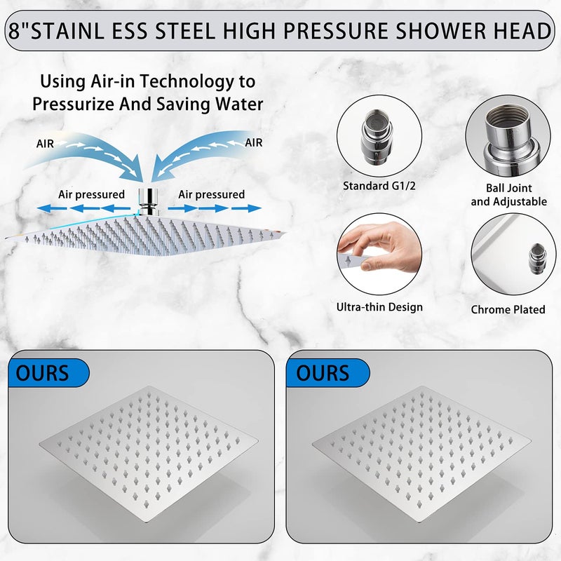 GGStudy Square 8 Inch Square Stainless Steel Shower Head - Rain Style Shower Head Chrome - Image 3